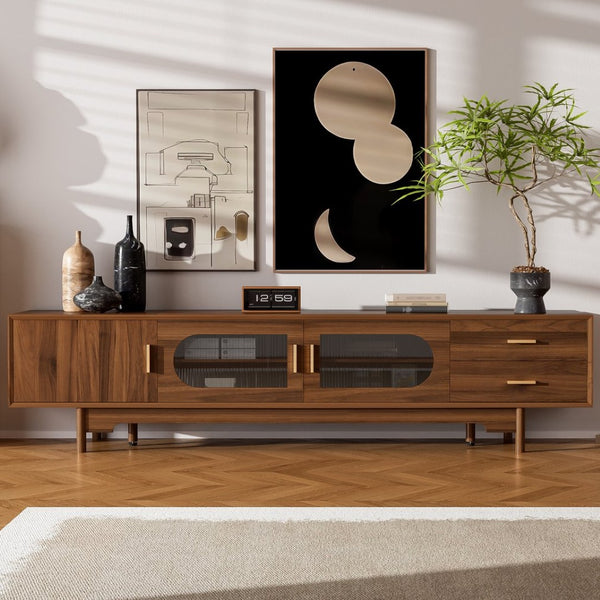 English Elm 78inch Walnut Entertainment Center Fluted Glass Solid Wood Legs Modern Living Room N710P362203P