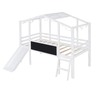 English Elm Twin House Loft Bed with Slide Chalkboard Panel and Led Roofline for Kids White WF324323AAK