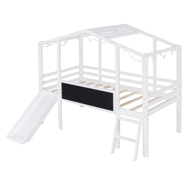 English Elm Twin House Loft Bed with Slide Chalkboard Panel and Led Roofline for Kids White WF324323AAK