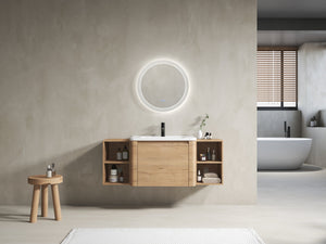 English Elm 52'' Wall-Mounted Vanity with White Ceramic Sink, Soft-Close Door, Plywood Shelves & Rounded Edges Imitative Oak W999S00431