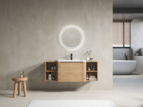 English Elm 52'' Wall-Mounted Vanity with White Ceramic Sink, Soft-Close Door, Plywood Shelves & Rounded Edges Imitative Oak W999S00431