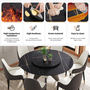 English Elm 59.05" Round Marble Dining Table With Silver Stainless Steel Base, Lazy Susan For 6-8 Guests, Elegant Design W1535S00392