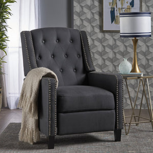 English Elm Classic Club Chair in Dark Grey Fabric with Birch Legs and Push Back Recline 61371.00