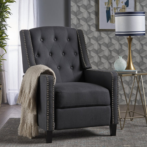 English Elm Classic Club Chair in Dark Grey Fabric with Birch Legs and Push Back Recline 61371.00