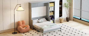 English Elm Full Murphy Bed with Storage Cabinets and Shelves, Space-Saving Wooden Wall Bed with 600lb Capacity Gray N7090004015E