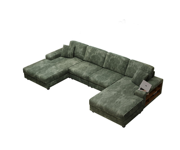 English Elm Convertible U-Shaped Sofa With Storage, Modern Corduroy Design For Spacious Living Rooms, Green W1793S00029