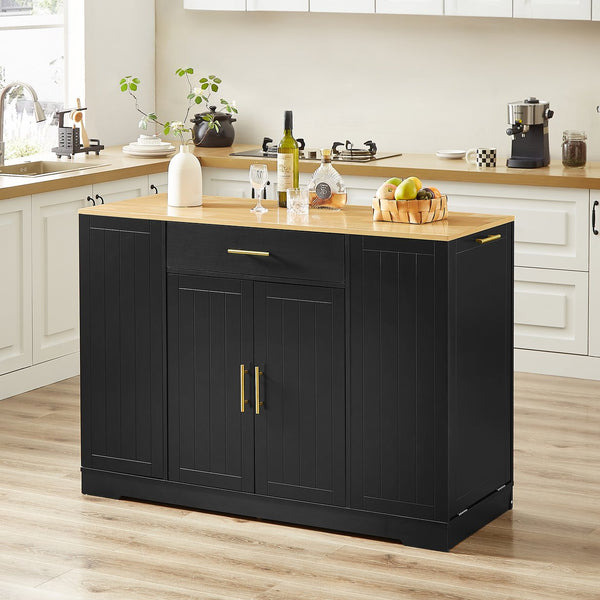 English Elm 53 Inch Large Kitchen Island With Hidden Trash Storage & Adjustable Shelves, Black & Oak Finish W1820P199483