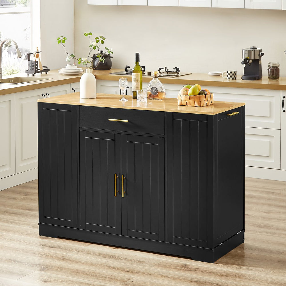English Elm 53 Inch Kitchen Island With Hidden Trash Can, Adjustable Shelves & Drawer - Stylish Black & Oak Design W1820P199484
