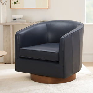 Comfort Pointe Taos Midnight Blue Top Grain Leather Wood Base Swivel Chair Midnight Blue / brown base