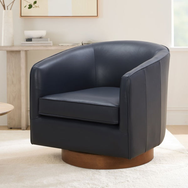 Comfort Pointe Taos Midnight Blue Top Grain Leather Wood Base Swivel Chair Midnight Blue / brown base