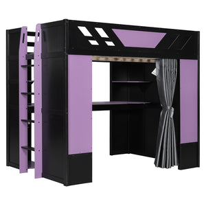 English Elm Full Size Loft Bed with Desk Blackout Curtains Rgb Lighting and Integrated Storage Purple+Black LT000377AAI
