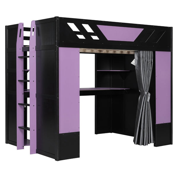 English Elm Full Size Loft Bed with Desk Blackout Curtains Rgb Lighting and Integrated Storage Purple+Black LT000377AAI