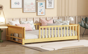 English Elm Twin Size Floor Bed With Book Rack & Fenced Door For Cozy Playtime, Natural Finish Design & Assembly W504P345771-GIGA