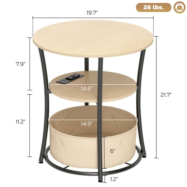 English Elm Coffee Round End Table 3 Tier with Built-in Charging Station Natural Wood Steel Frame T3971P390441
