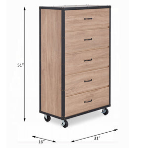 English Elm Weathered Light Oak 5-Drawer Chest on Industrial Casters — Smooth Metal Glide Drawers, Ample Storage Space B062P209019