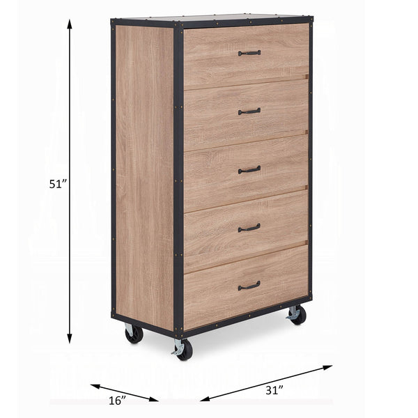 English Elm Weathered Light Oak 5-Drawer Chest on Industrial Casters — Smooth Metal Glide Drawers, Ample Storage Space B062P209019