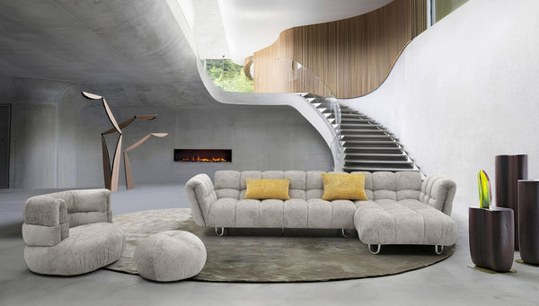 VIG Furniture Jacinda Mid-Century Grey Raf Sectional Sofa With Yellow Accent Pillows, Stainless Legs, Spacious Comfort VGEV-23106-GRY-RAF