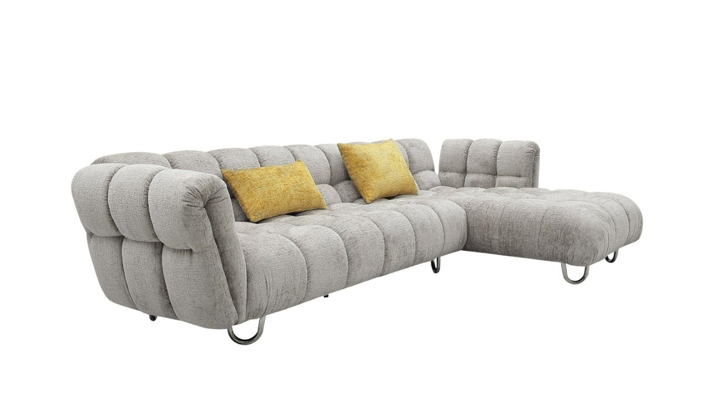 VIG Furniture Jacinda Mid-Century Grey Raf Sectional Sofa With Yellow Accent Pillows, Stainless Legs, Spacious Comfort VGEV-23106-GRY-RAF
