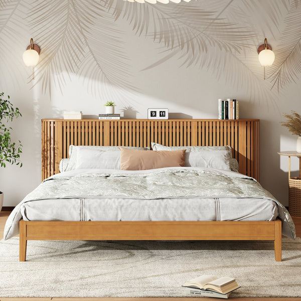 English Elm Christopher Knight Home® - King Solid Wood King Size Bed with Slat Headboard, Dual Side Storage & Display Shelves, Sturdy Comfort N758K532021N