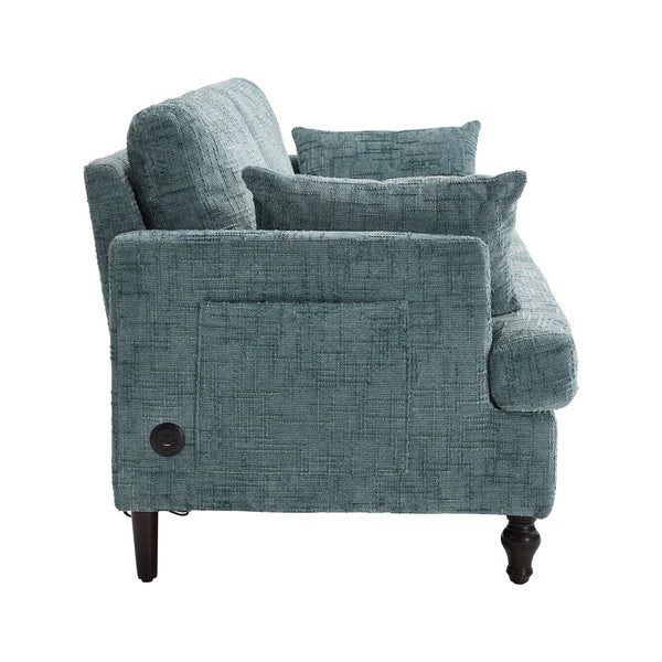 English Elm Modern chenille 2-seater sofa with LED lighting, USB charging, storage pocket, sturdy wood legs Lake Blue W395P318545