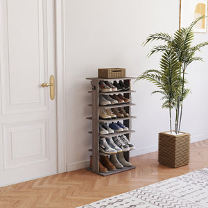English Elm Shoe 7-Tier Vertical Shoe Rack with Hooks - Rustic Gray Organizer for 12-14 Pairs, Space-Saving Entryway W3151P346291