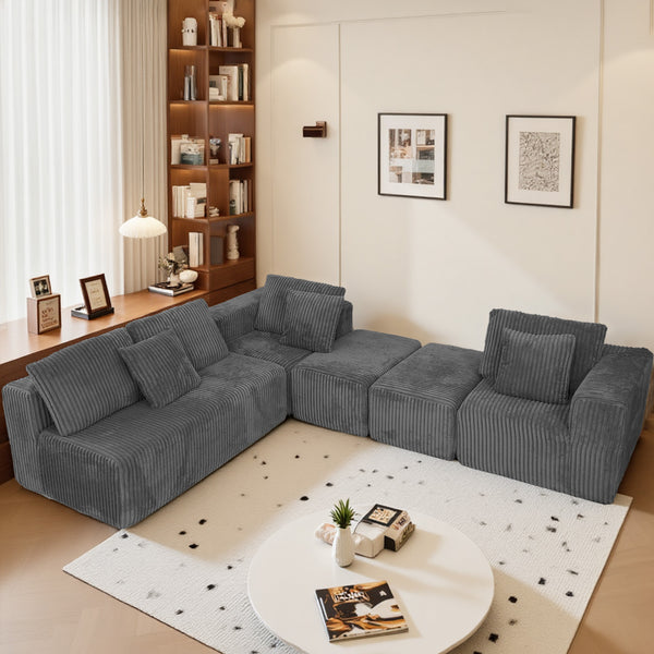 English Elm Modular U-Shaped Sectional Sofa, 132-Inch 4-Seater With Reversible Chaise In Gray Striped Corduroy Fabric For Ultimate Comfort And Style In Your Living Room Or Bedroom W3276S00017
