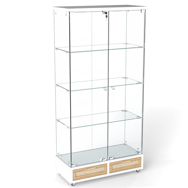 English Elm Modern Glass Display Cabinet With Led Lighting, Lockable Drawers, And Adjustable Shelves For Home Décor W241S00059