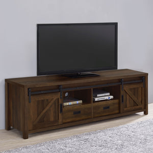 English Elm Madra Dark Pine TV Stand with Sliding Doors, 2-Drawer Storage, Rustic Modern Engineered Wood Console B062P344954