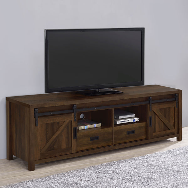 English Elm Madra Dark Pine TV Stand with Sliding Doors, 2-Drawer Storage, Rustic Modern Engineered Wood Console B062P344954