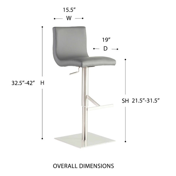 EuroStyle Scott Swivel Barstool Faux Leather Seat with Adjustable Pneumatic Height Stainless Base Gray 80974GRY