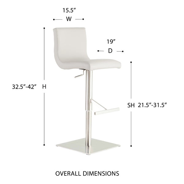 EuroStyle Scott Swivel Barstool Faux Leather Seat with Adjustable Pneumatic Height Stainless Base White 80974WHT