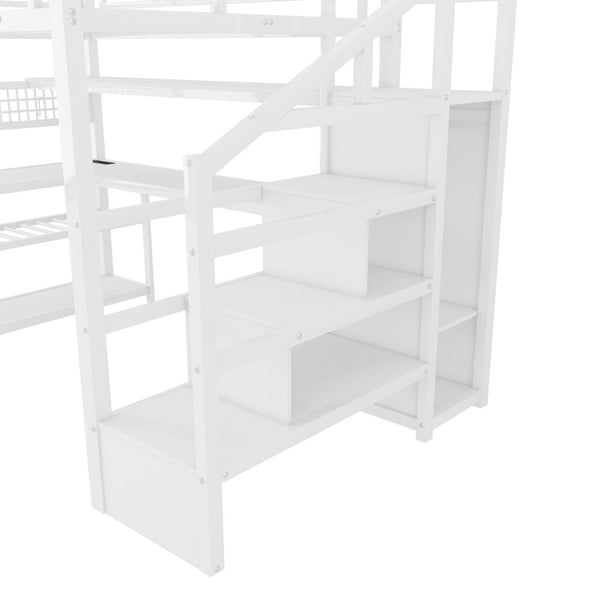 English Elm Full Size Steel Loft Bed with Staircase Storage Wardrobe Desk and Led Lighting White W2593S00059