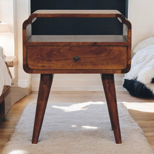 English Elm Newton Chestnut Nightstand Handcrafted Solid Mango Wood, 1 Drawer with Brass Knob & Open Shelf, Mid-Century Charm B182P301367