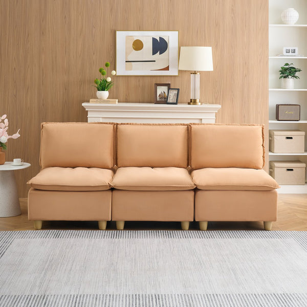 English Elm 88-inch minimalist modern three-seater velvet sofa with movable seats, solid wood frame, 500lb capacity Light Brown W1658S00126