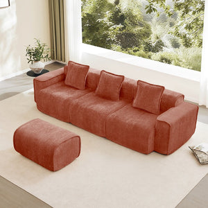 English Elm Streamlined Velvet L-shaped Sectional Sofa with Ottoman and Cloud Cushion Living Room Red W3041S00359