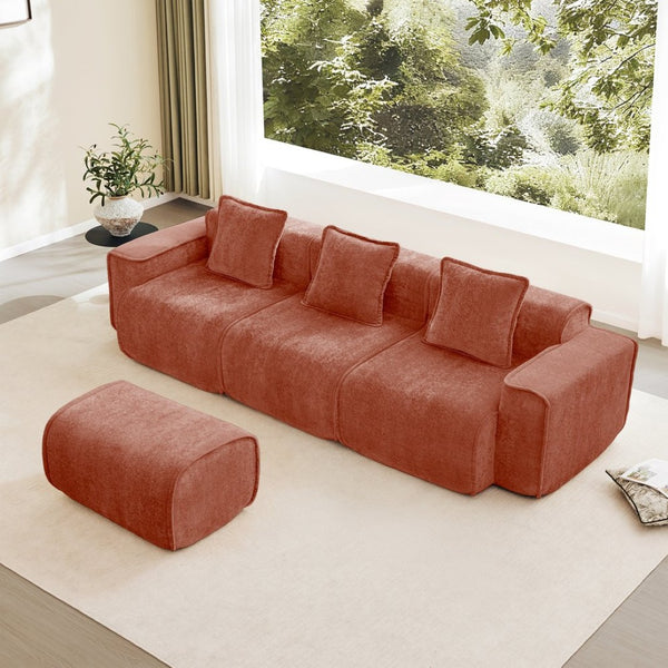 English Elm Streamlined Velvet L-shaped Sectional Sofa with Ottoman and Cloud Cushion Living Room Red W3041S00359
