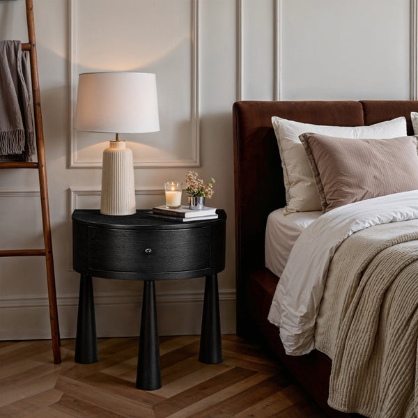 Meridian Furniture Oasis Demi-lune Acacia Nightstand with Drawer Mid-century Sculptural Bedside Accent Table Black 809Black-NS