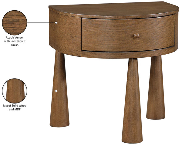 Meridian Furniture Oasis Demi-lune Acacia Nightstand with Drawer Mid-century Sculptural Bedside Accent Table Brown 809Brown-NS