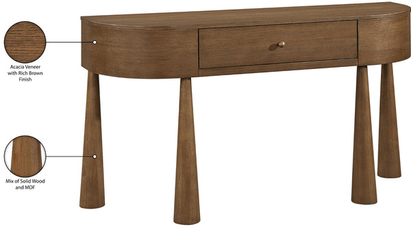 Meridian Furniture Oasis Demi-lune Console Table Mid-century Modern Entryway Storage with Tapered Legs and Drawer Brown 809Brown-T