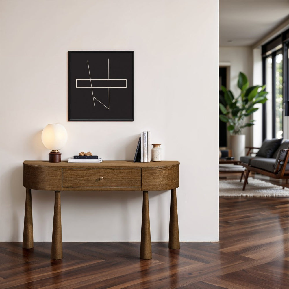 Meridian Furniture Oasis Demi-lune Console Table Mid-century Modern Entryway Storage with Tapered Legs and Drawer Brown 809Brown-T