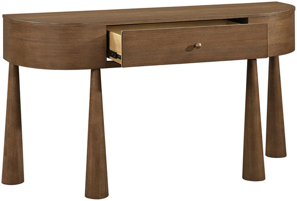 Meridian Furniture Oasis Demi-lune Console Table Mid-century Modern Entryway Storage with Tapered Legs and Drawer Brown 809Brown-T