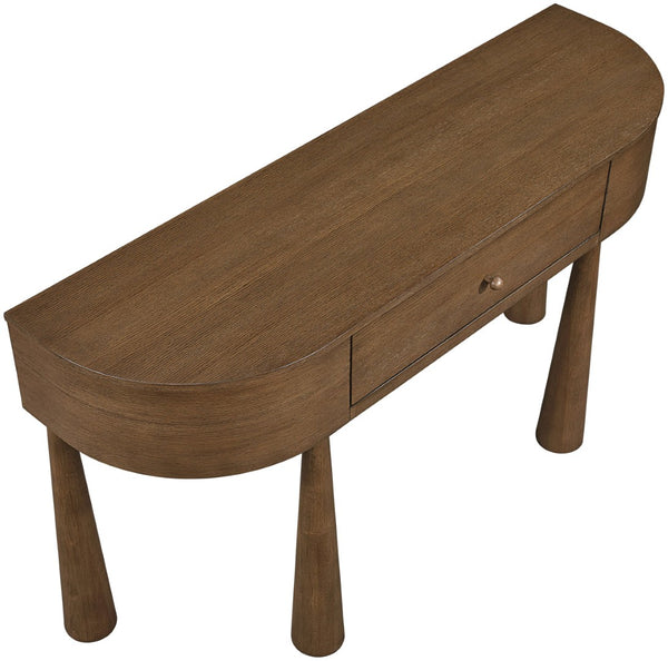 Meridian Furniture Oasis Demi-lune Console Table Mid-century Modern Entryway Storage with Tapered Legs and Drawer Brown 809Brown-T