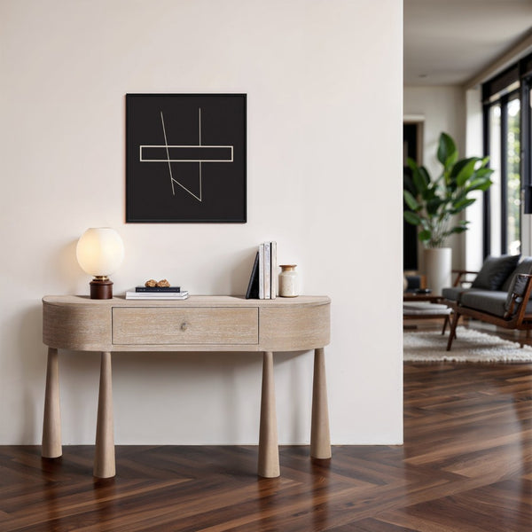 Meridian Furniture Oasis Demi-lune Console Table Mid-century Modern Entryway Storage with Tapered Legs and Drawer Natural 809Oak-T