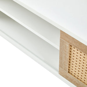 English Elm 55.12" Rattan TV Cabinet with Double Sliding Doors, Adjustable Shelf, Solid Wood Legs, White/Natural Finish W2181P293620