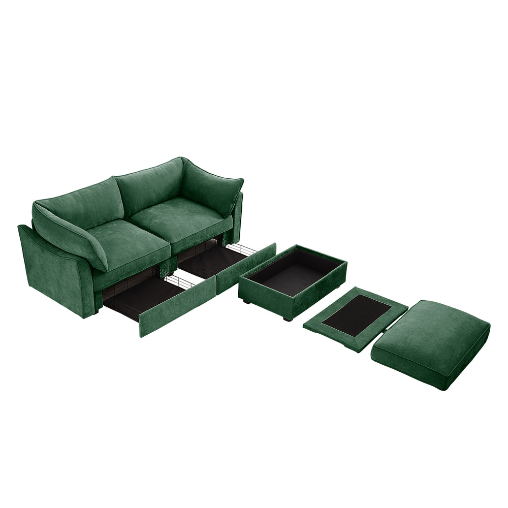 English Elm 2 Seater Sofa With Movable Ottoman & Hidden Storage Drawers – Modern Chenille Green Design For Small Spaces W3041S00183