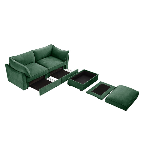 English Elm 2 Seater Sofa With Movable Ottoman & Hidden Storage Drawers – Modern Chenille Green Design For Small Spaces W3041S00183