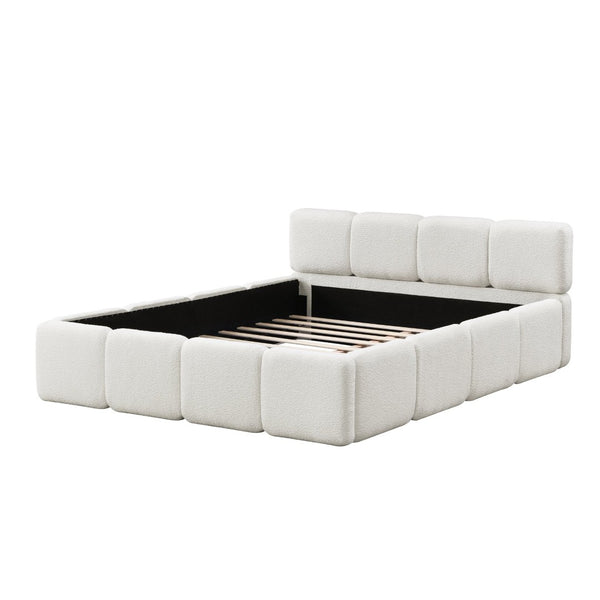 English Elm Queen Boucle Upholstered Platform Bed Low Profile Block Silhouette for Modern Bedroom N757P385459W
