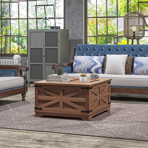 English Elm HOMCOM Farmhouse Coffee Table with Flip Lift Top and Hidden Storage, Square Center Table, Rustic Charm Brown W2225P217458