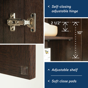 English Elm Wall Cabinet Brown Finish with Adjustable Shelves, Compact 33.75" x16.63" x5" Organizer for Kitchen Bath Garage B356P402698