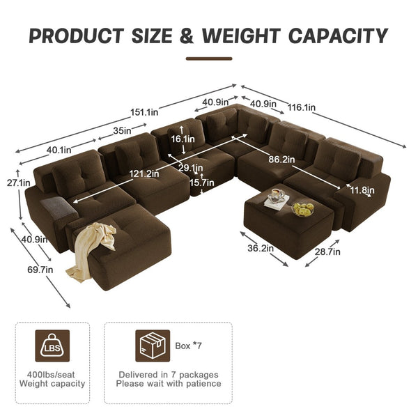 English Elm Modular Corduroy Sectional Sofa 6 Seat V Shaped Corner Couch with Ottomans Living Room Brown W714S01578